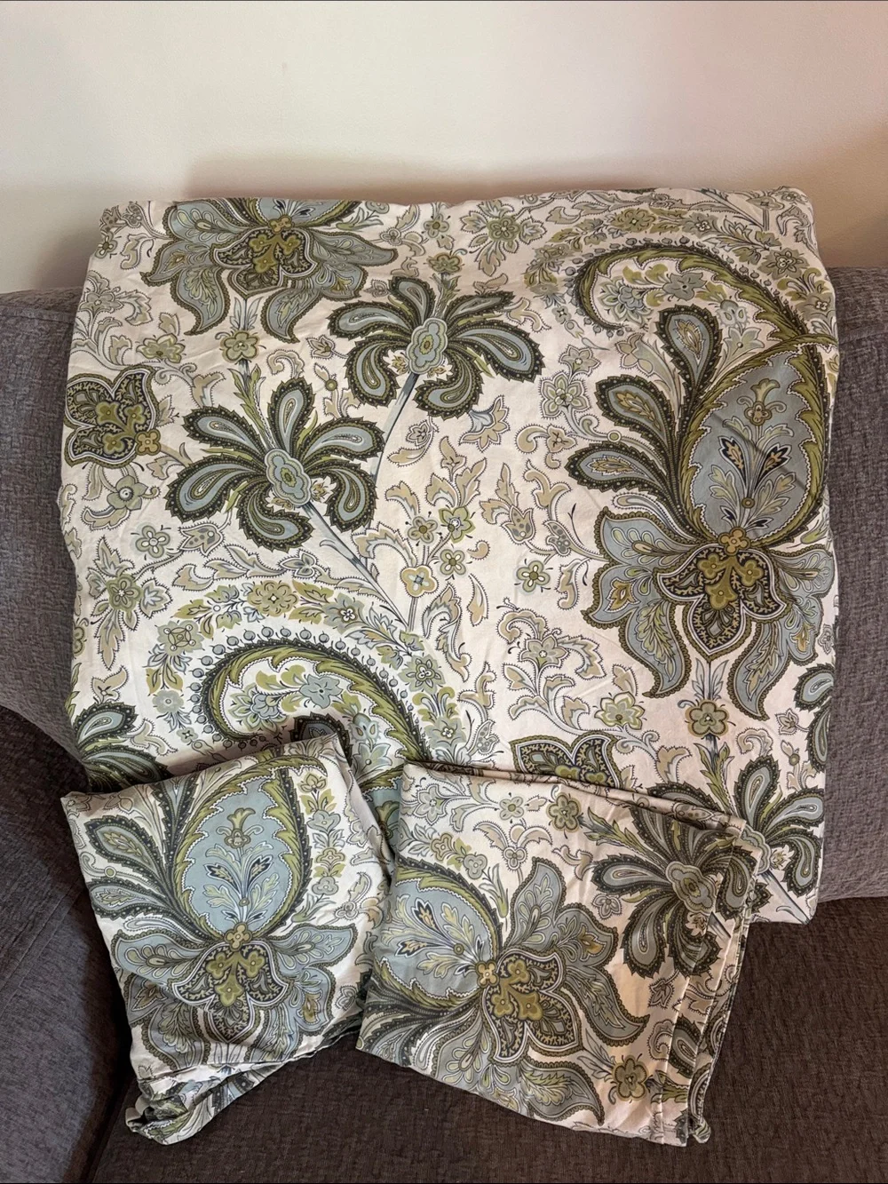 Pottery Barn Charlie Paisley Duvet Cover w Shams Cream, Sage Green, & Light Blue